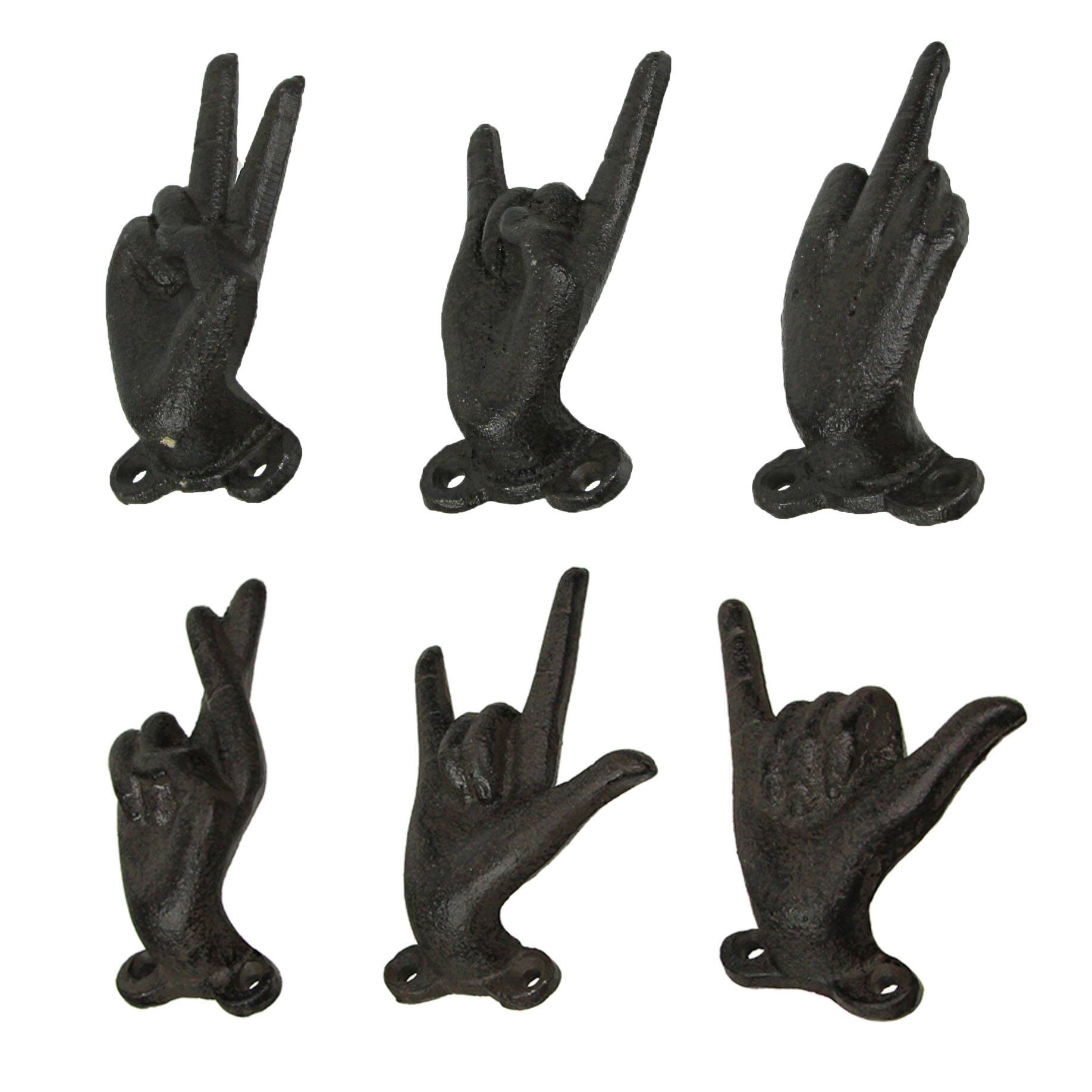 Alt View 1. Zeckos - Set of 6 Hand Gesture Hooks - Peace, Rock, ASL - Rustic Finish - Black.
