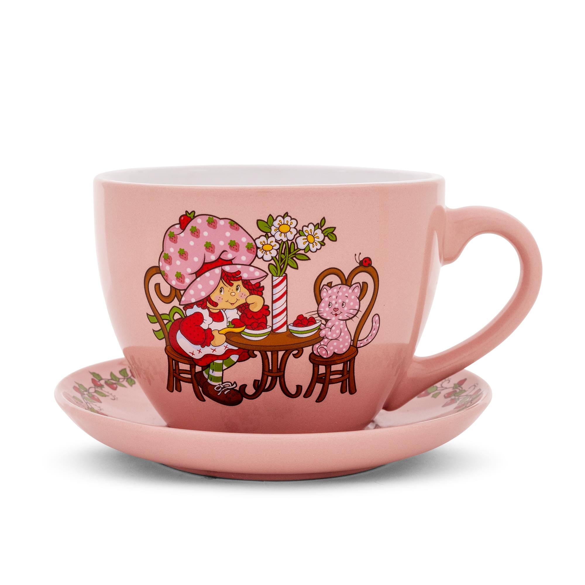 Alt View 1. Silver Buffalo - Strawberry Shortcake Tea Party Ceramic Teacup and Saucer Set | Holds 22 Ounces - Pink.