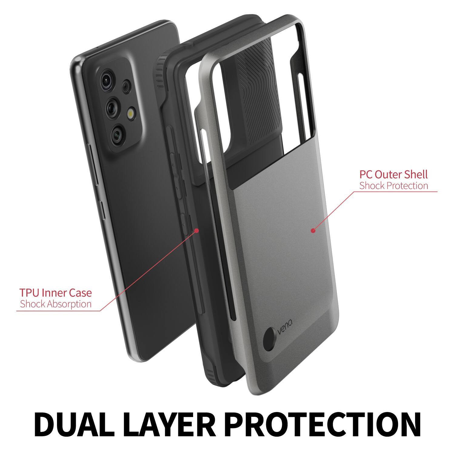 DUAL LAYER PROTECTION
PC Outer Shell Shock Protection
TPU Inner Case Shock Absorption
veno