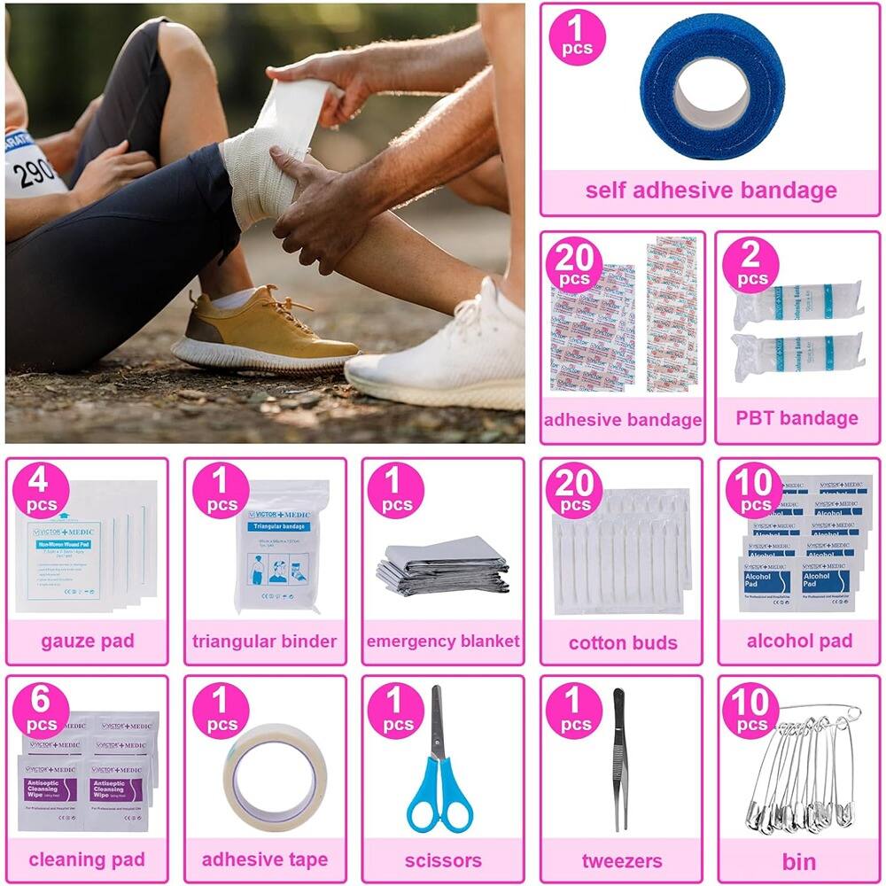 1 pcs self adhesive bandage  
20 pcs adhesive bandage  
2 pcs PBT bandage  
4 pcs gauze pad  
1 pcs triangular binder  
1 pcs emergency blanket  
20 pcs cotton buds  
10 pcs alcohol pad  
6 pcs cleaning pad  
1 pcs adhesive tape  
1 pcs scissors  
1 pcs tweezers  
10 pcs bin