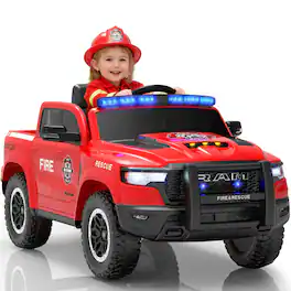 FIRST RIDE ON - 12V Police Car Ride on Toy, Licensed RAM 1500 RHO Electric Car W/Parent Remote, Alarm Light,Siren,Front Bumper,Bluetooth - Red