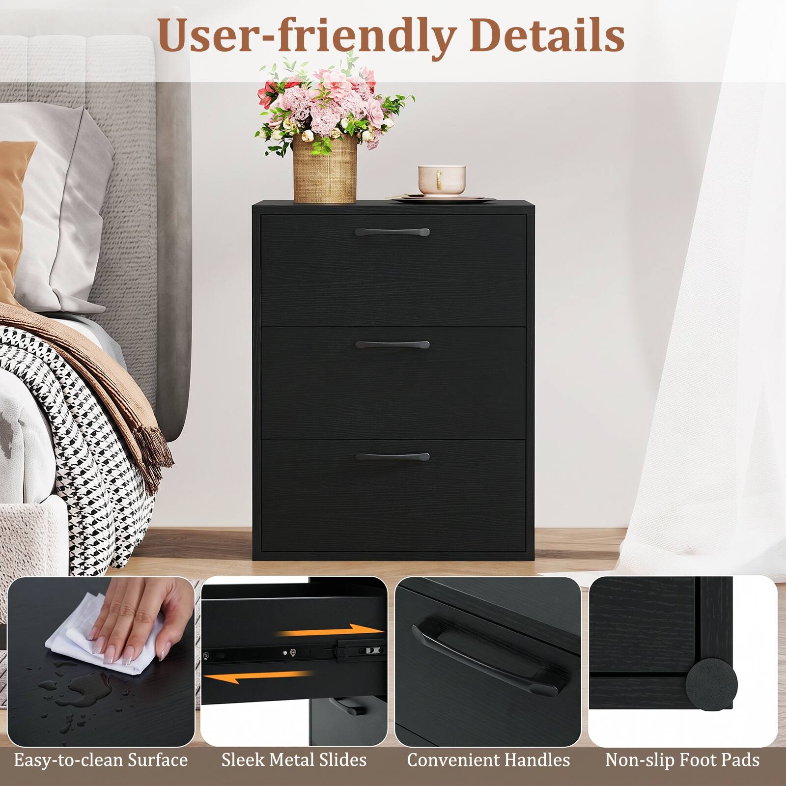 User-friendly Details

Easy-to-clean Surface

Sleek Metal Slides

Convenient Handles

Non-slip Foot Pads