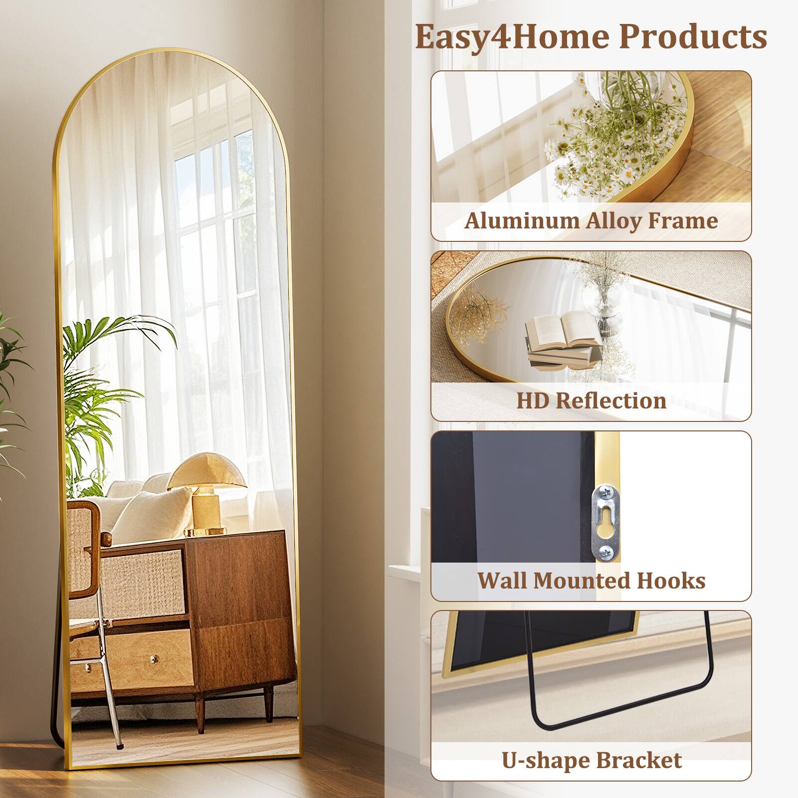 Easy4Home Products  
Aluminum Alloy Frame  
HD Reflection  
Wall Mounted Hooks  
U-shape Bracket