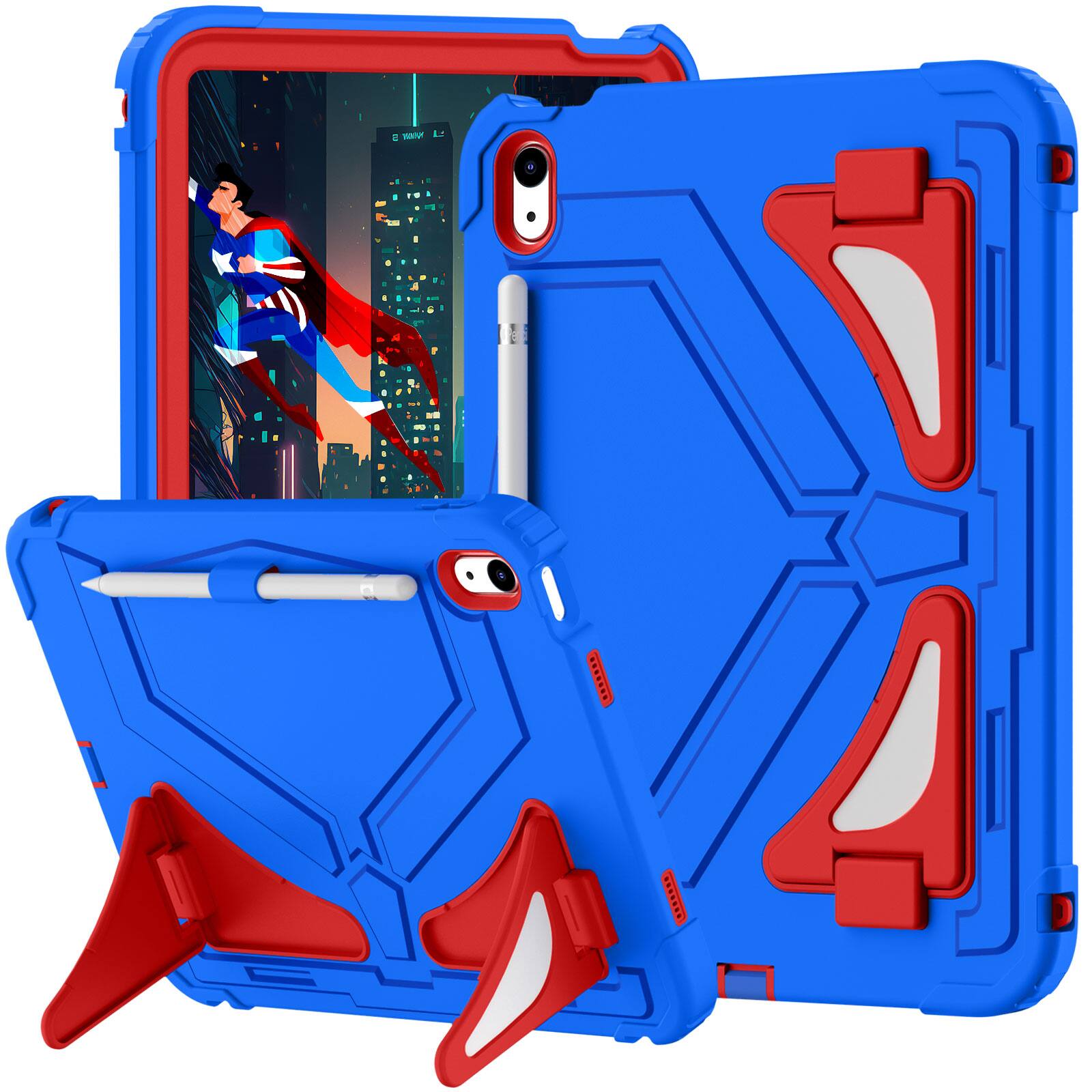 Angle. Dteck - Case for iPad (A16) 11th Gen 2025 /10th Gen 10.9'' 2022 Rugged Shockproof 3 Layers Kickstand Cover With Crossbody Strap - Blue+Red.