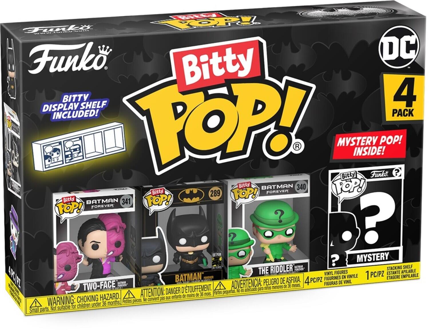 Funko, Bitty, DISPLAY, SHELF, INCLUDED!, 4, POP!, MYSTERY, VINYL, FIGURES, 1, PC/PZ, STACKING, SHELF, TWO-FACE, FOREVER, BATMAN, 340, 289, 341, RIDDLER, FOREVER, BATMAN, VINYL, FIGURES, 4PC/PZ, FIGURINES, EN, VINYLE, 1, ETAGERE, EMPILABLE, WARNING, CHOKING, HAZARD, DANGER, D'ETOUFFEMENT, ADVERTENCIA, PELIGRO, DE, No, es, adecuado, para, ninos, menores, de, 36, mois, ATTENTION, Partes, pequeas, Not, suitable, for, children, under, 36, months, Petites, pices, Simal, parts, Ne, convient, pas, aux, enfants, de, moins