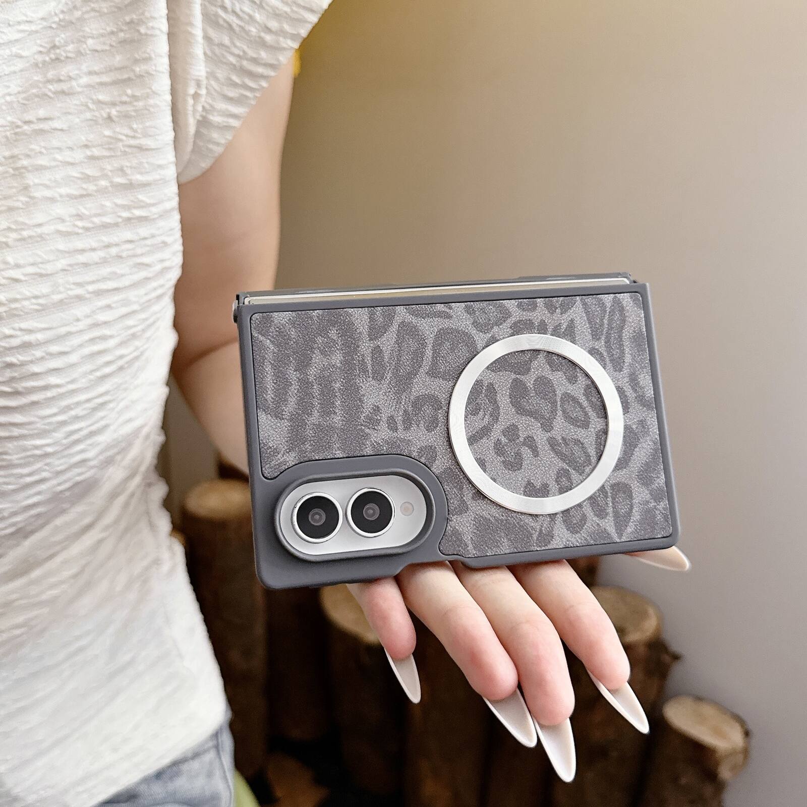 Alt View 1. Dteck - Vintage Leopard Print Faux Leather Magnetic Case with Metal Ring Wireless Charging Cover for Samsung Galaxy Z Fold 8 - Black.