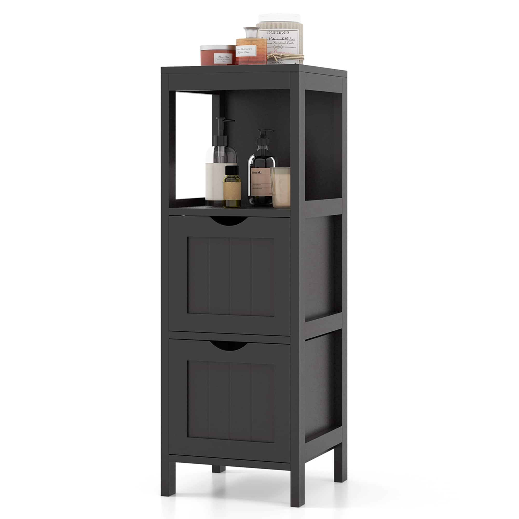 Costway - Bathroom Floor Cabinet Freestanding Side Storage Organizer with 2 Removable Drawers - Black