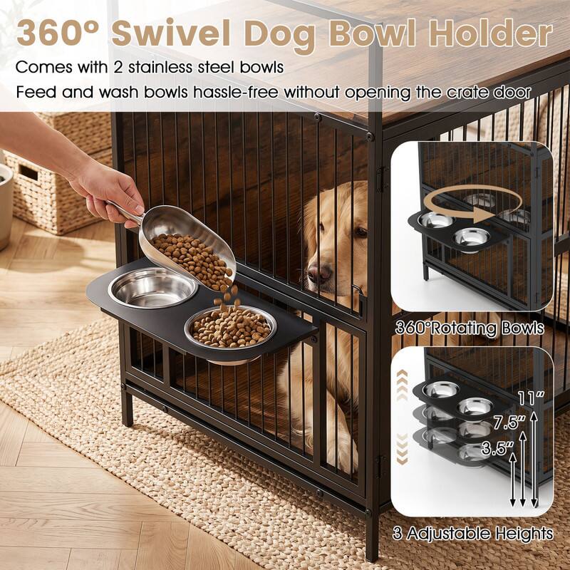 360° Swivel Dog Bowl Holder  
Comes with 2 stainless steel bowls  
Feed and wash bowls hassle-free without opening the crate door  

360° Rotating Bowls  
11"  
7.5"  
3.5"  

3 Adjustable Heights
