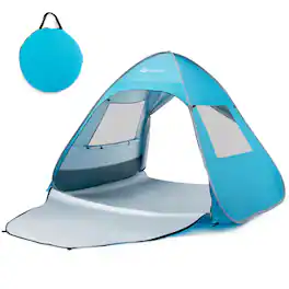 Costway - Automatic Pop-up Beach Tent 2-4 Persons UPF50+ Beach Sun Shade W/ Carrying Bag - Blue