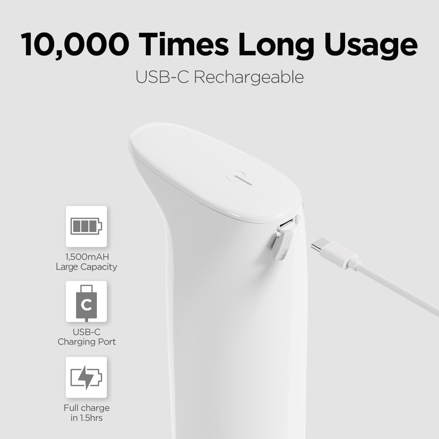 10,000 Times Long Usage  
USB-C Rechargeable  

1,500mAh Large Capacity  
USB-C Charging Port  
Full charge in 1.5hrs