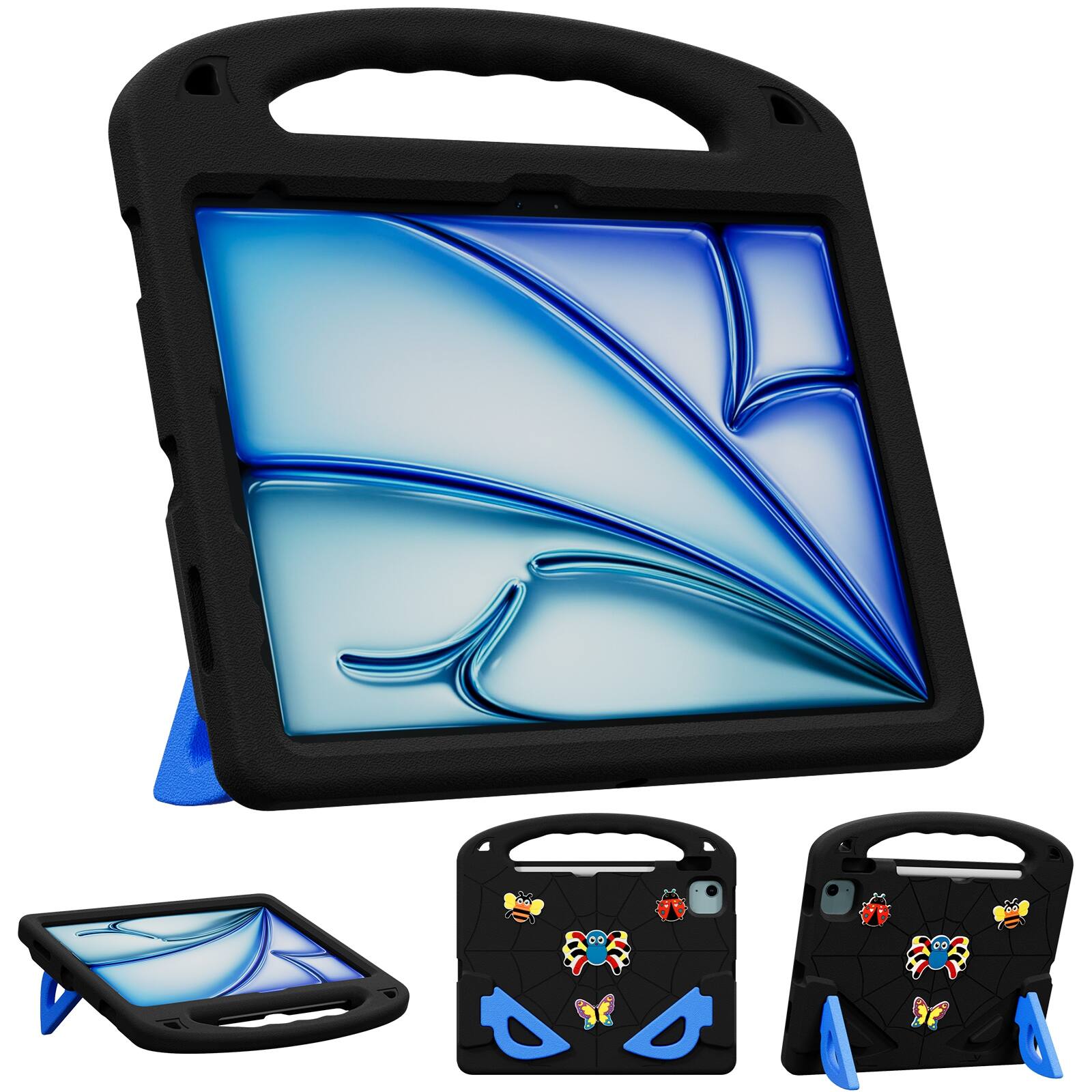 Angle. UUCOVER - Kids Case for iPad Pro 11-inch (M5) 2025/ (M4) 2024,Shockproof EVA Case Handle Kickstand Cover with Shoulder Strap - Black/Blue.