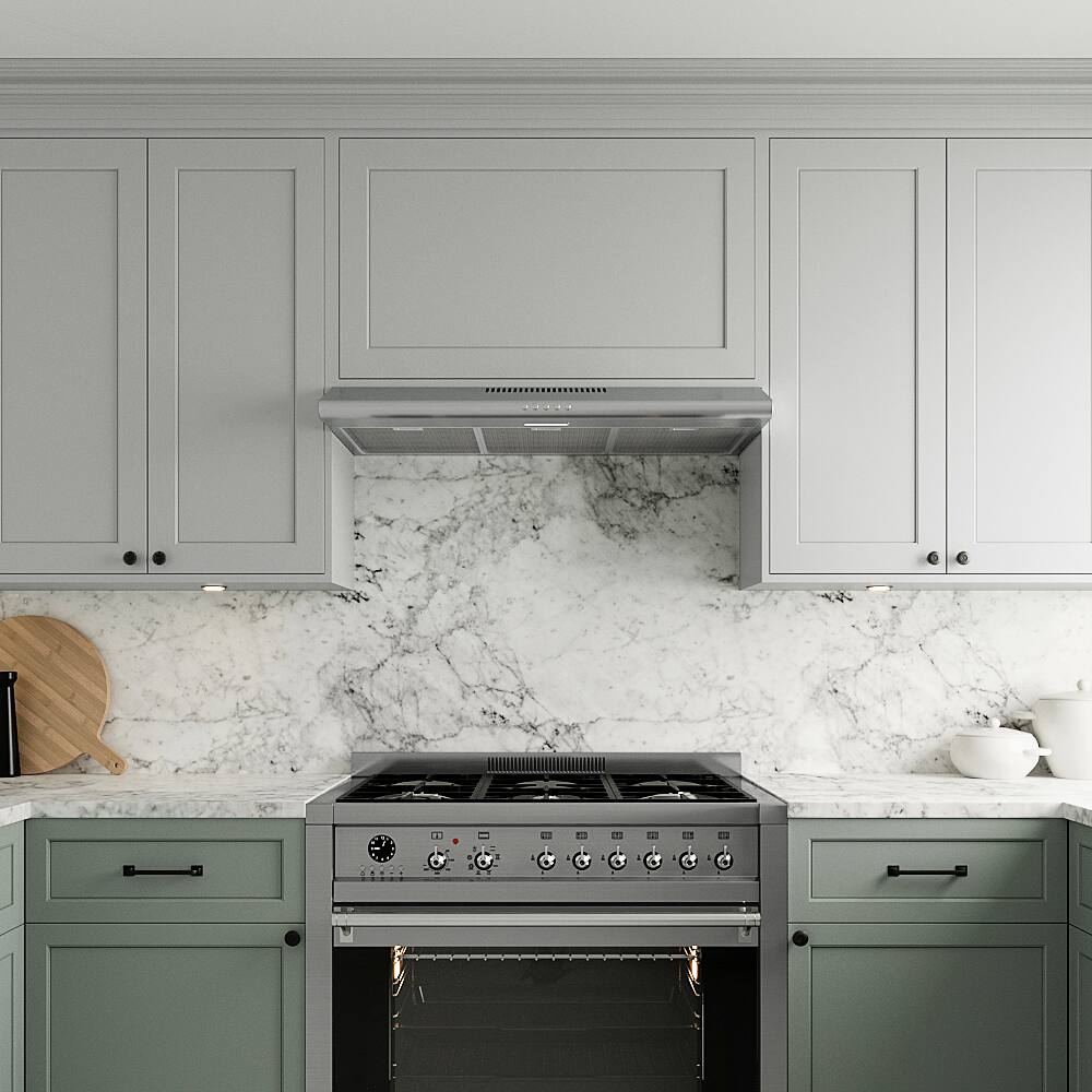 Left. Streamline - 36 in. Avellino Convertible Undermount 80 CFM Range Hood, Mesh Filters, Push Button Control, LED Light - Brushed Stainless Steel.