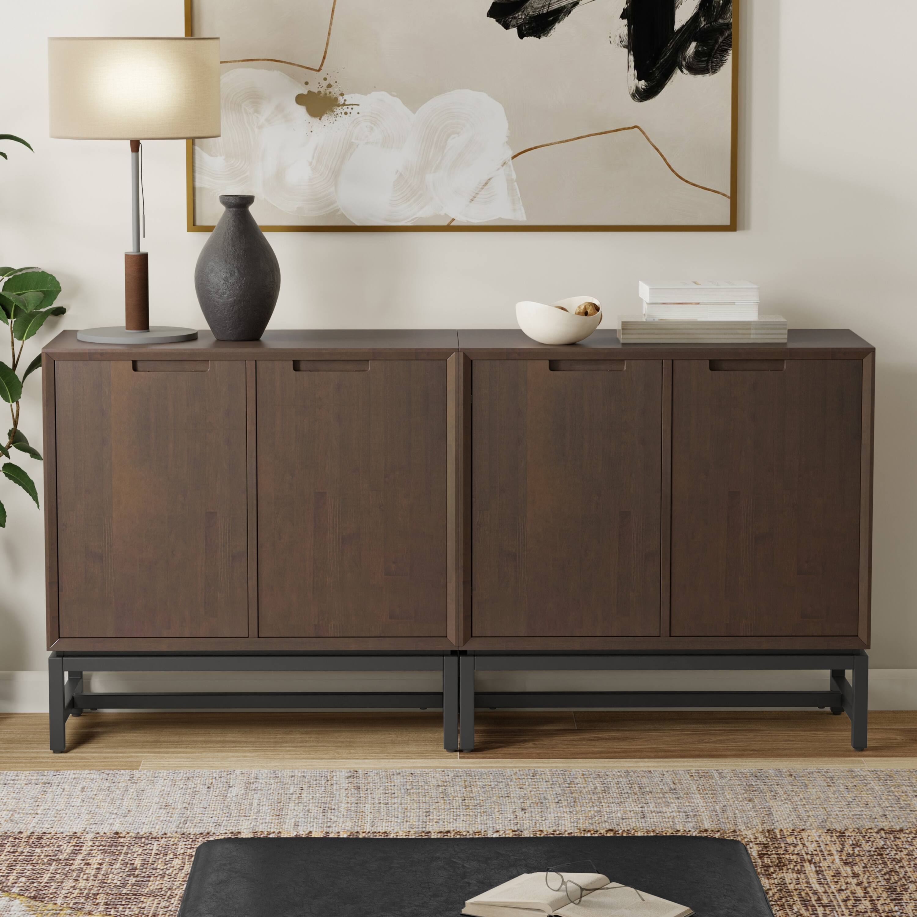 Angle. Simpli Home - Banting Solid Wood 32 inch Storage Cabinet in Walnut Brown (Set of 2) - Walnut Brown.