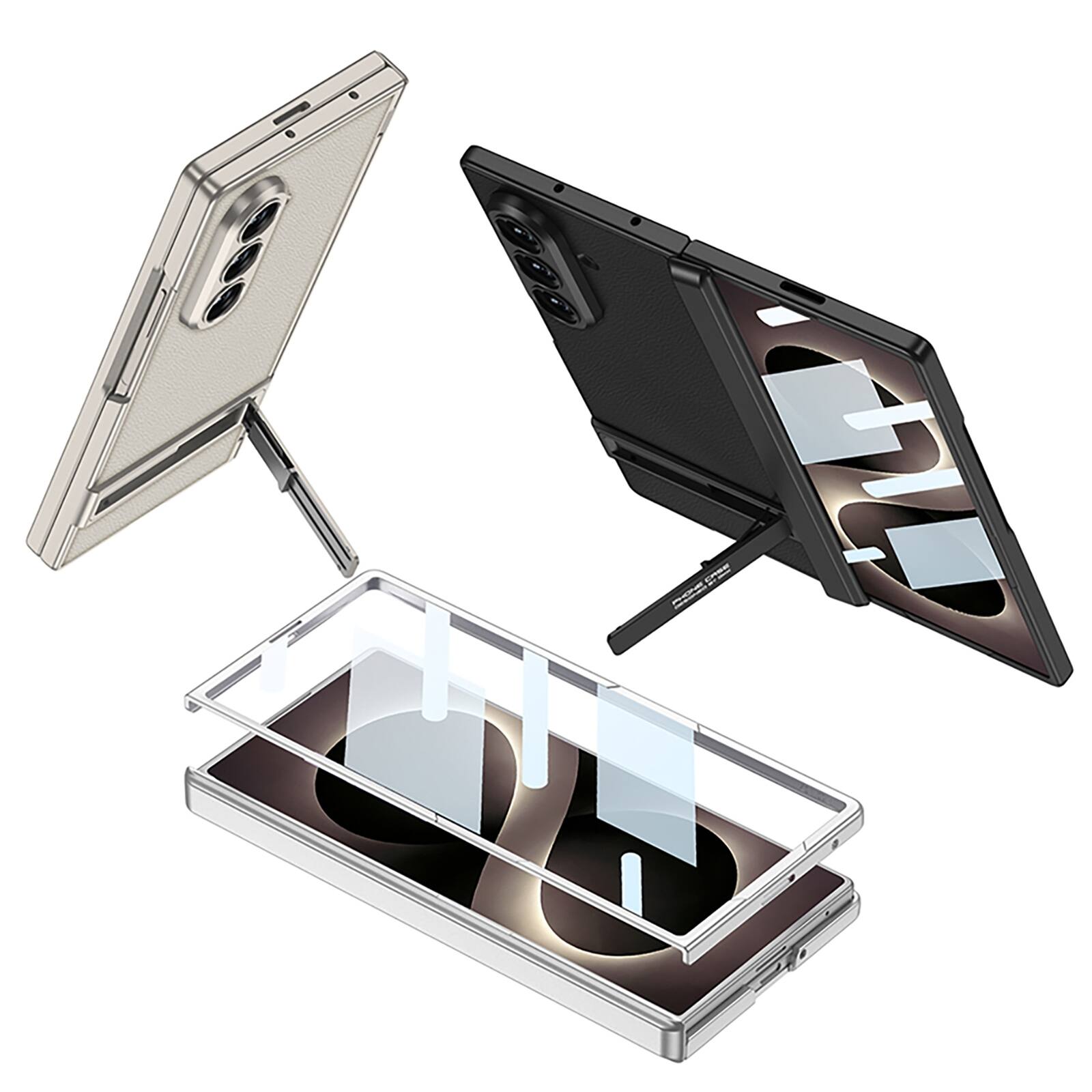 Back. Dteck - Shockproof Leather Texture Case for Samsung Galaxy Z Fold8 Ultra with Stand, Rigid Plastic Cover Built in Screen Film - Silver.