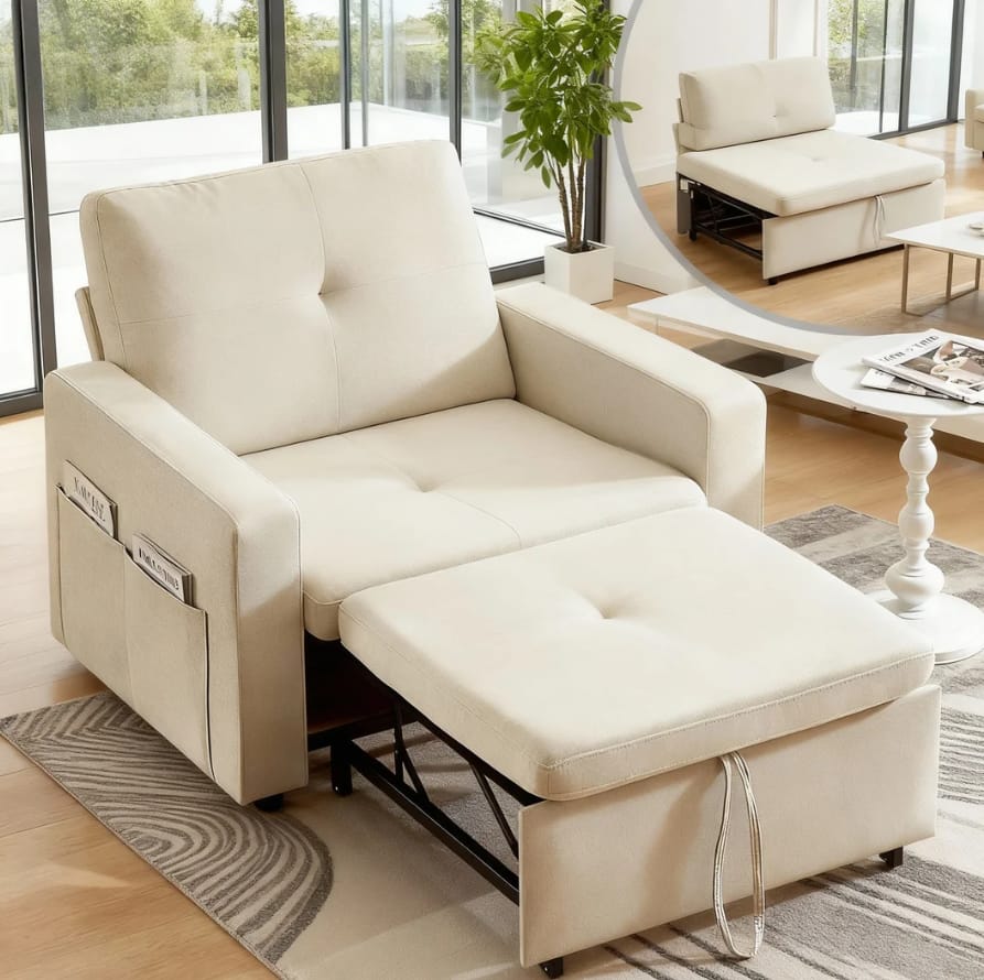 Dyonery - 3-in-1 Convertible Sofa Bed for Living Room, Pull-Out Recliner Chair , Adjustable Backrest，With side pockets - Beige