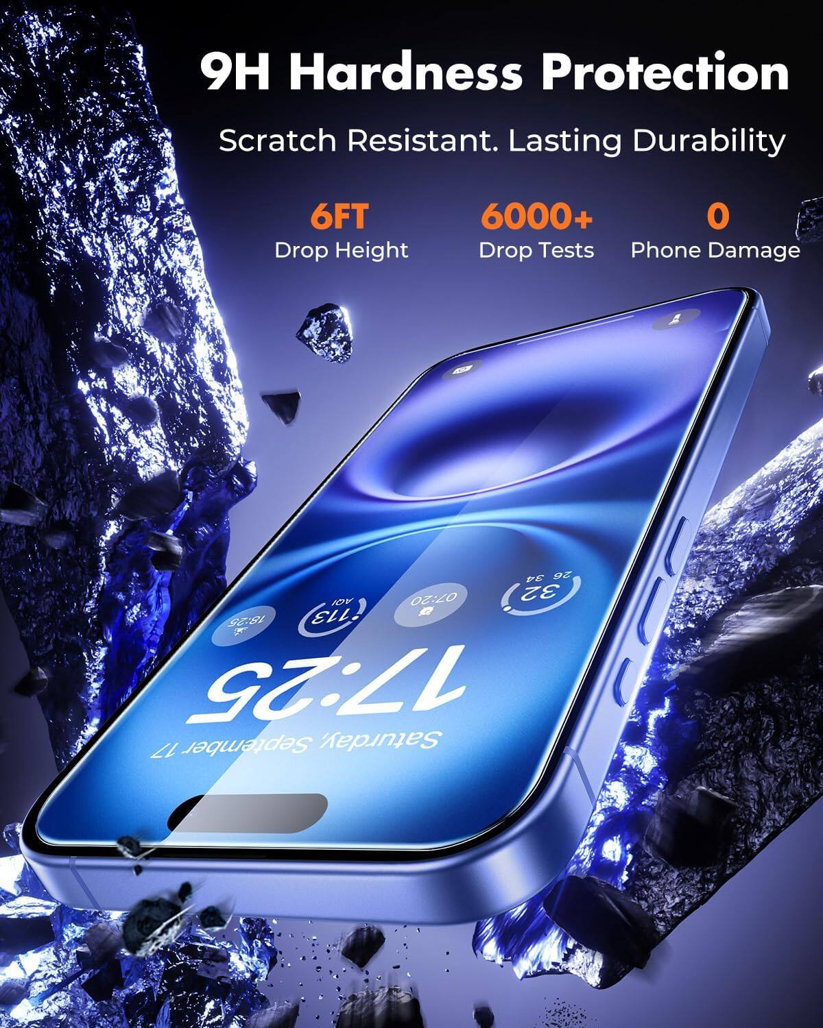 9H Hardness Protection  
Scratch Resistant. Lasting Durability  

6FT Drop Height  
6000+ Drop Tests  
0 Phone Damage  

17:25  
17 September Saturday