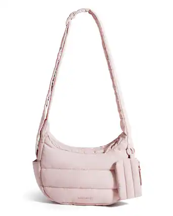Front. Bagsmart - Compact Puffer Crossbody Hobo Bag, 3-Way Carry Sling with Expandable Water Bottle Pocket for Travel & Daily Use - Pink.
