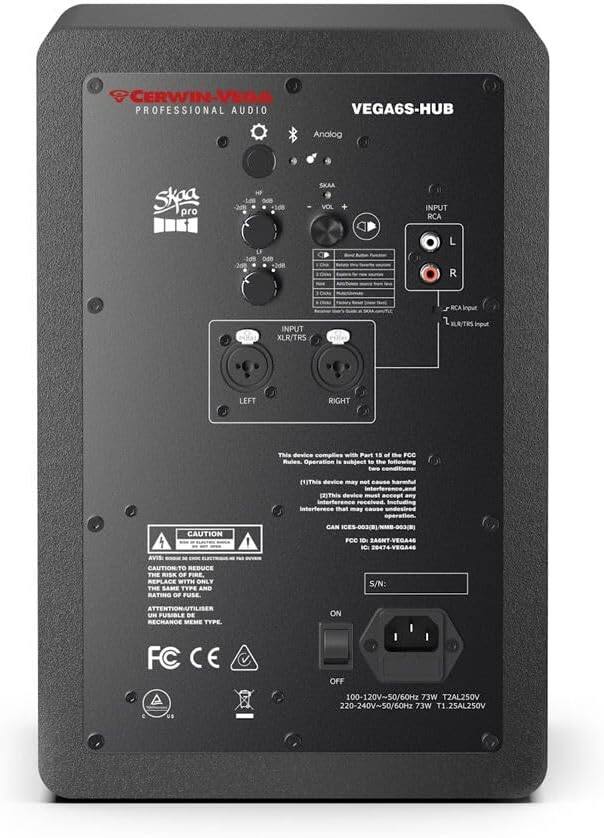 CERWIN-VEGA PROFESSIONAL AUDIO VEGA6S-HUB Analog SKAA pro L0s ddt +d SKAA VOL Cn INPUT RCA L 3d8 ode 2d +2d8 R INPUT XLR/TRS RCA 7 LEFT RIGHT

This device complies with Part 15 of the FCC Rules. Operation is subject to the following two conditions: (1) This device may not cause harmful interference, and (2) this device must accept any interference received, including interference that may cause undesired operation.

FCC ID: DAAANT-VEGA4S
IC: 28474-VEGA44

CAUTION TO REDUCE THE RISK OF FIRE, REPLACE WITH ONLY THE SAME TYPE AND RATING OF FUSE.

ATTENTION-UTILISER UN FUSE DE RECHANGE MEME TYPE

FC CE

100-120V~50/60Hz 73W T2AL250V
220-240V~50/60Hz 73W T1.25AL250V