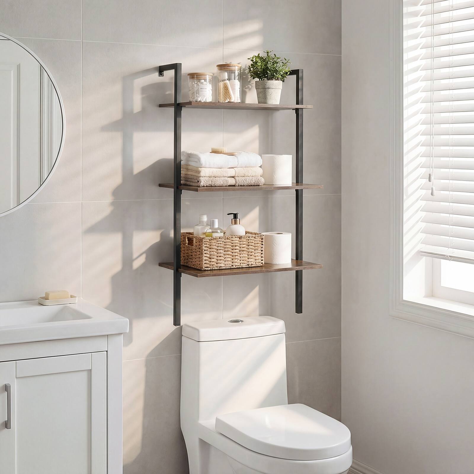 Alt View 4. Costway - Costway 1 PCS Industrial Wall Mounted Shelves, Wooden Floating Shelving Unit - Rustic Brown and Black.