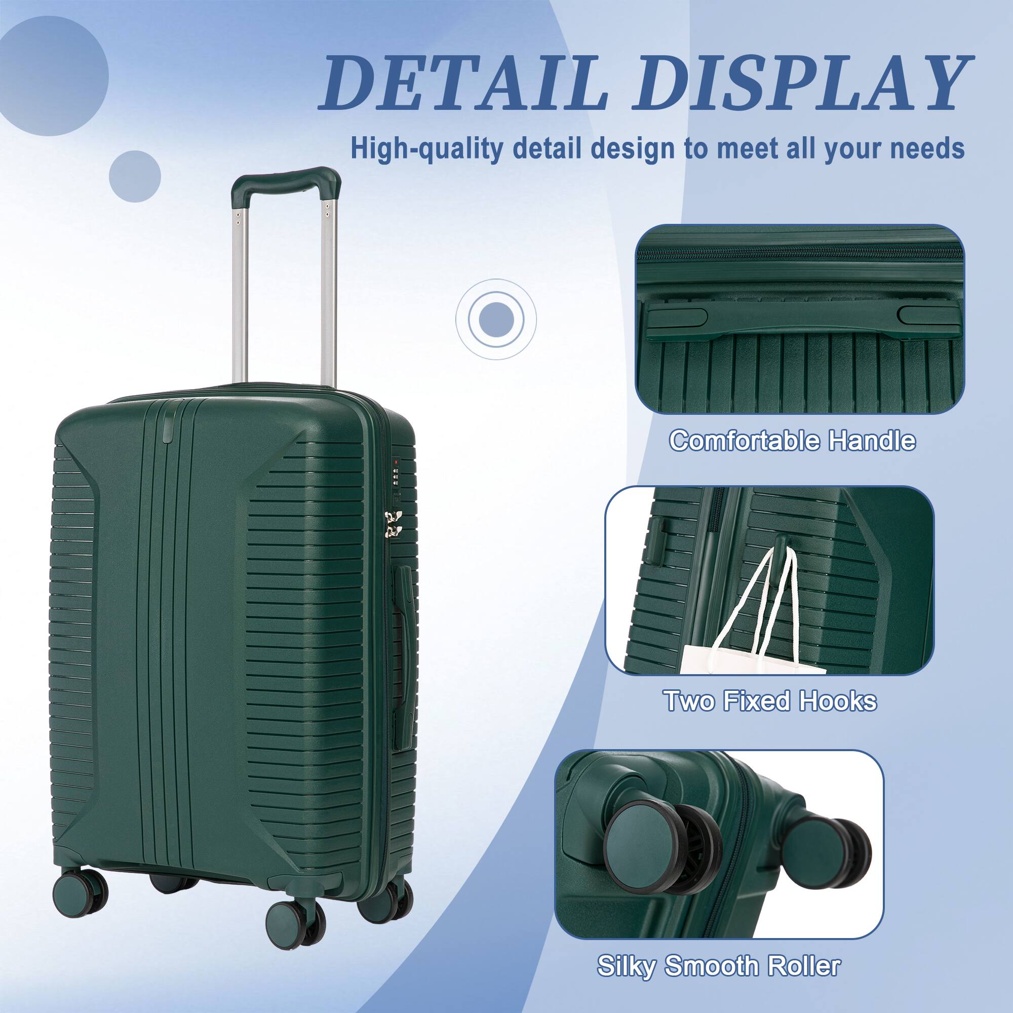 DETAIL DISPLAY  
High-quality detail design to meet all your needs  

Comfortable Handle  

Two Fixed Hooks  

Silky Smooth Roller
