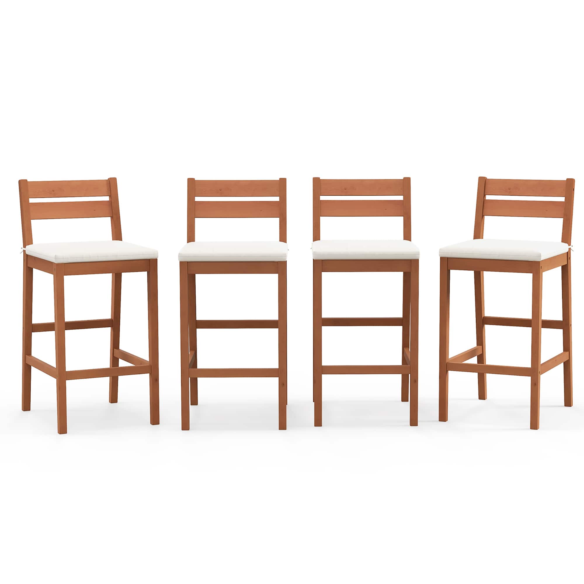 Gymax - Patio Eucalyptus Wood Bar Stools Set of 4 Outdoor Bar Height Patio Chairs w/ Cushions - White, Natural