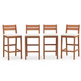 Gymax - Patio Eucalyptus Wood Bar Stools Set of 4 Outdoor Bar Height Patio Chairs w/ Cushions - White, Natural