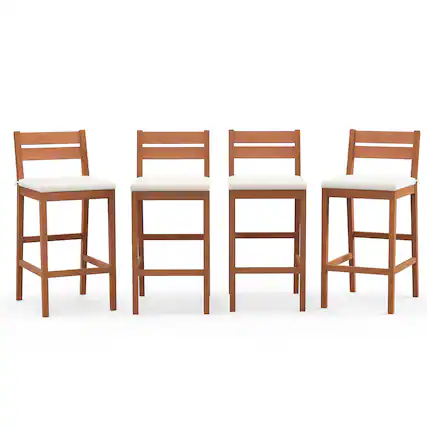 Front. Gymax - Gymax Patio Eucalyptus Wood Bar Stools Set of 4 Outdoor Bar Height Patio Chairs w/ Cushions - White, Natural.