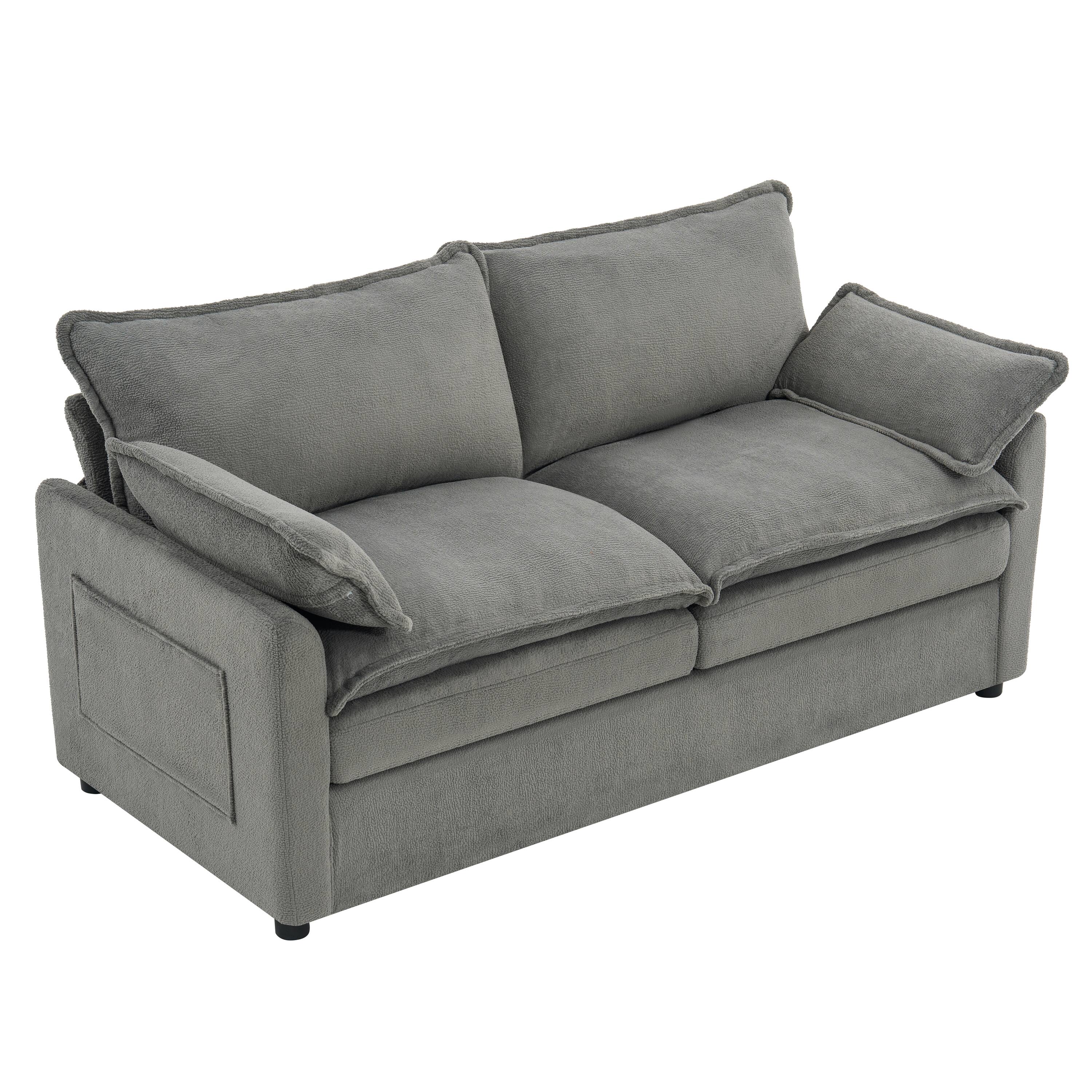 Left. Whisen - Modern Faux Fur Loveseat Sofa with Side Storage Pockets for Bedroom & Apartment - Gray.