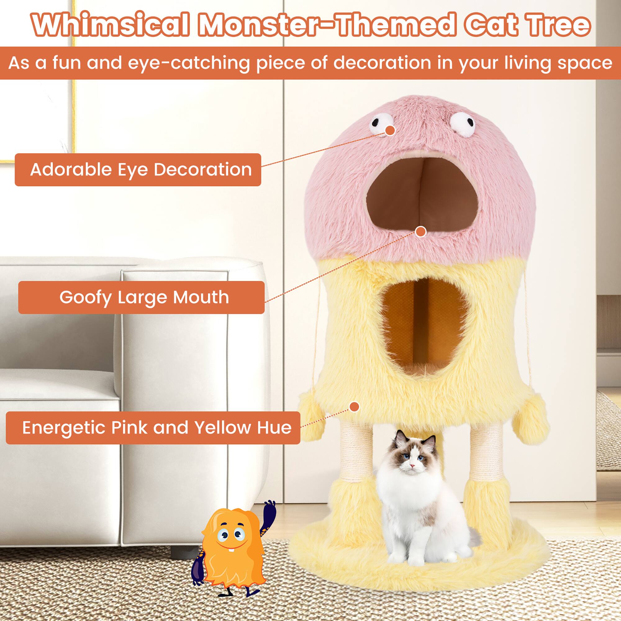 Whimsical Monster-Themed Cat Tree

As a fun and eye-catching piece of decoration in your living space

- Adorable Eye Decoration
- Goofy Large Mouth
- Energetic Pink and Yellow Hue
