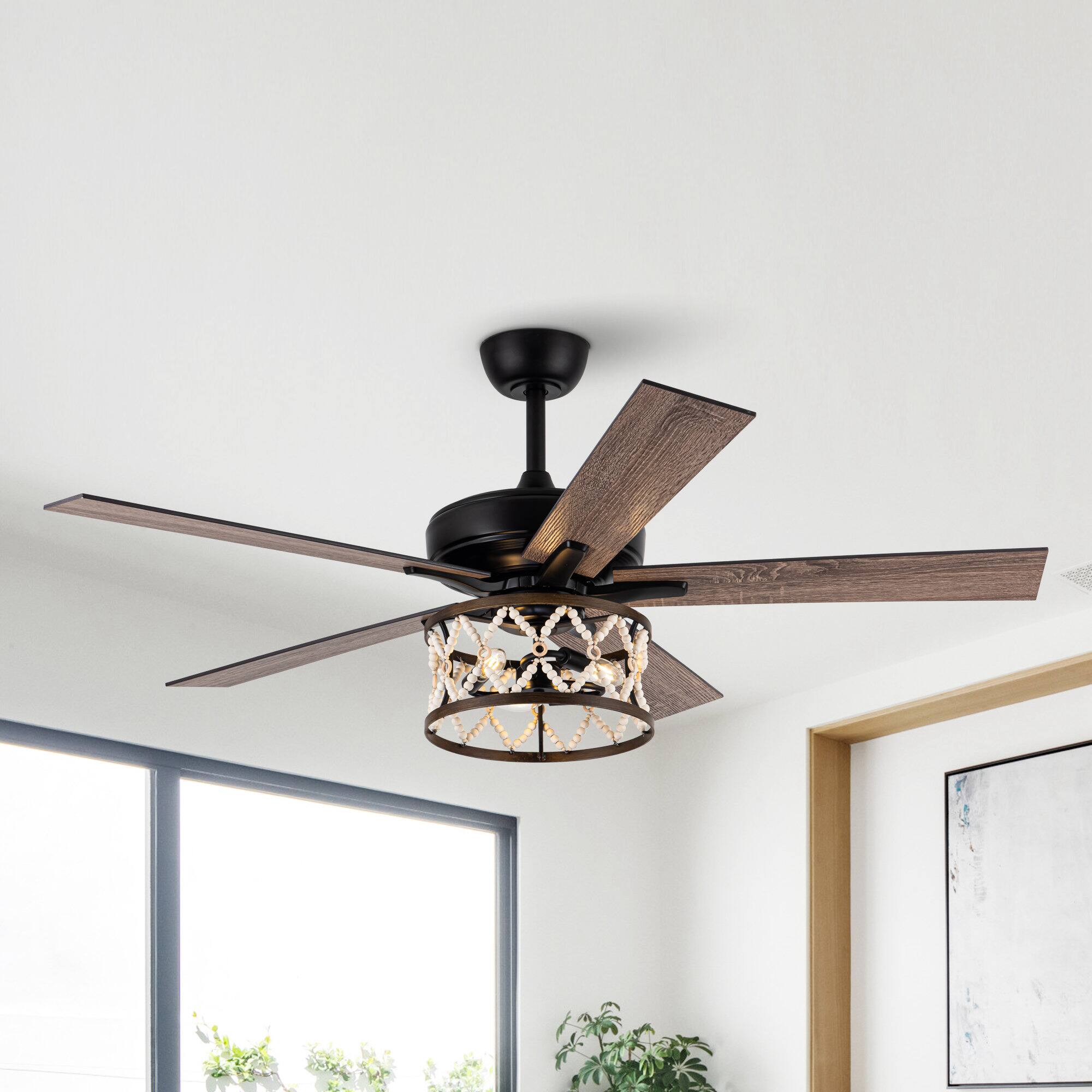 Angle. Parrot Uncle - 52" Farmhouse Wooden Beaded Black Ceiling Fan with Remote - Matte Black.