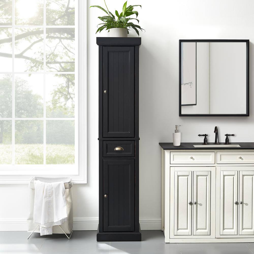 Alt View 9. Crosley Furniture - Seaside Tall Linen Storage Cabinet - Distressed Black.