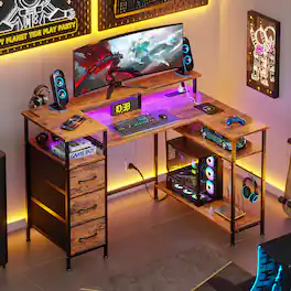 Furologee - L-Shaped Computer Desk With Led Lights And Power Outlets Gaming Desk With Monitor Stand Home Office Writing Desk With S - Brown