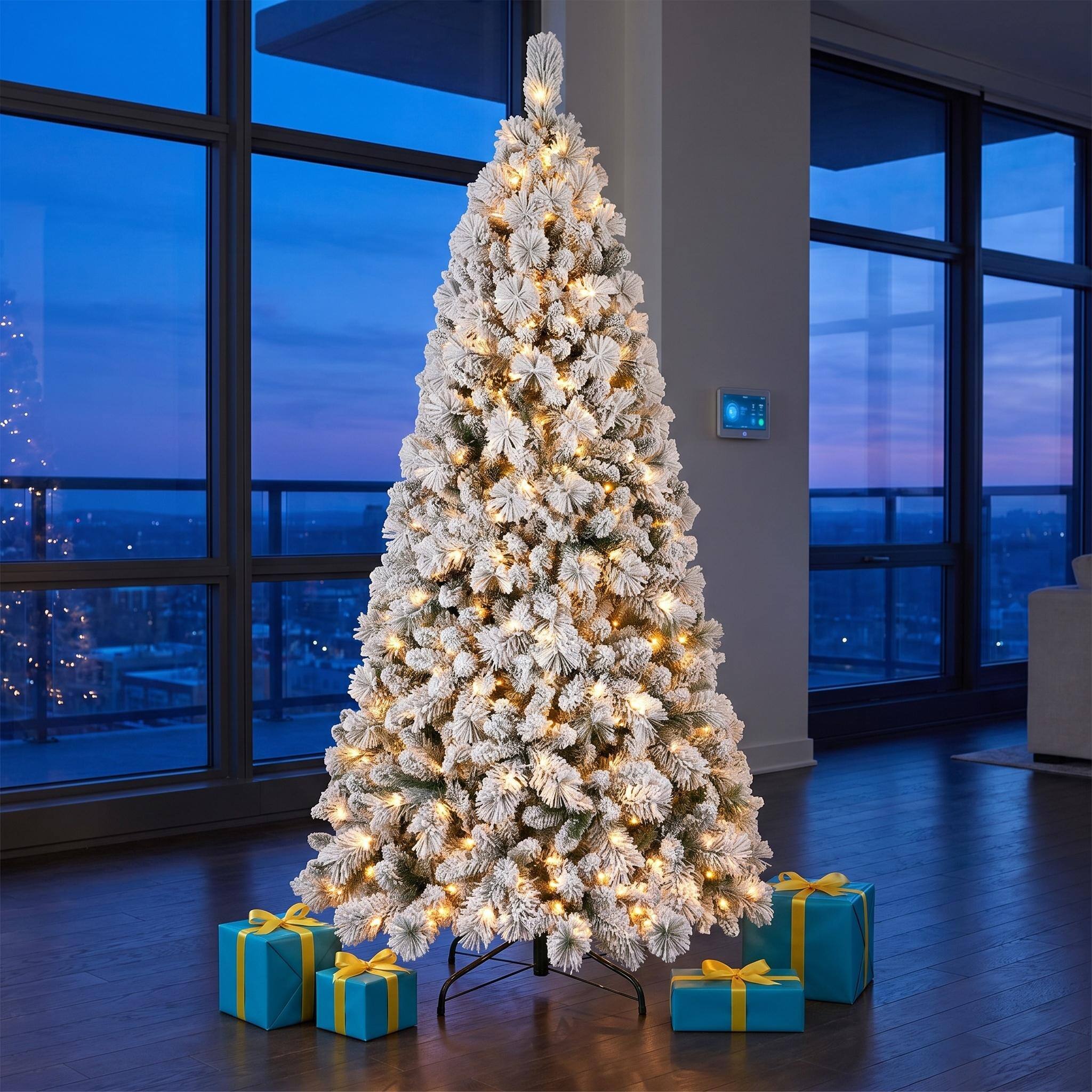 Alt View 9. Forest'nSky - 8 ft. Flocked Christmas Tree with 600 Warm White LED Lights, 1445 Tips, Hinged Branches and Metal Stand - Green,White.
