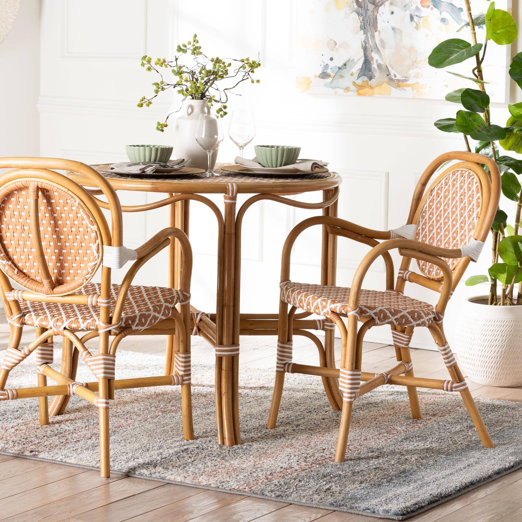 Alt View 4. bali & pari - Mattie Rattan Bistro Chair - Cafe-Style Dining Chair with Curved Arms for Indoor/Outdoor Lounge, Beige - Natural Brown/Beige/White.