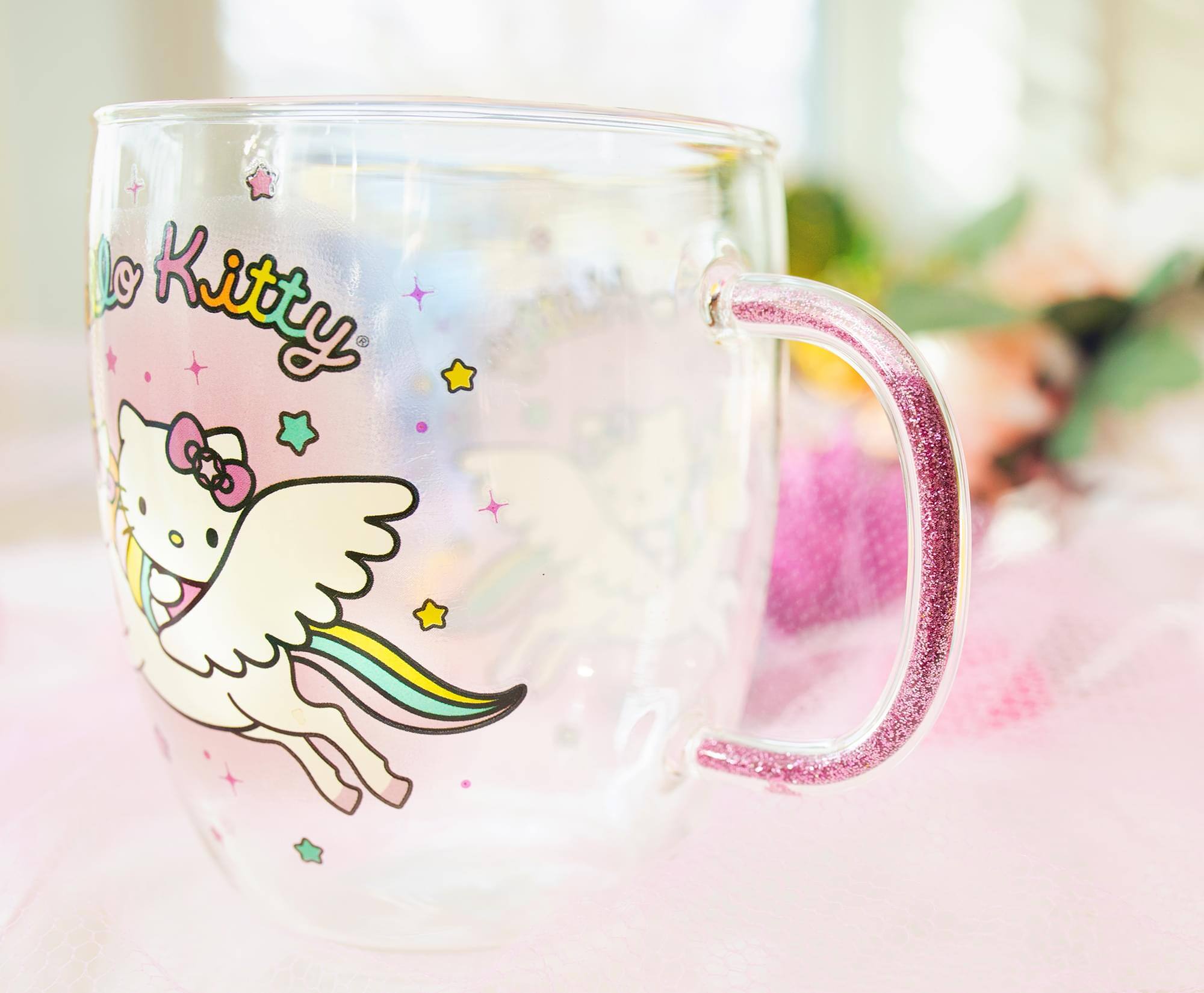 Alt View 2. Silver Buffalo - Sanrio Hello Kitty Unicorn Glass Mug With Glitter Handle | Holds 14 Ounces - Pink.