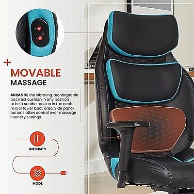 + MOVABLE MASSAGE  
ARRANGE the vibrating, rechargeable backrest cushion in any position to help soothe tension in the neck, mid or lower back area. Side panel buttons allow control over massage intensity settings.  
INTENSITY MODE