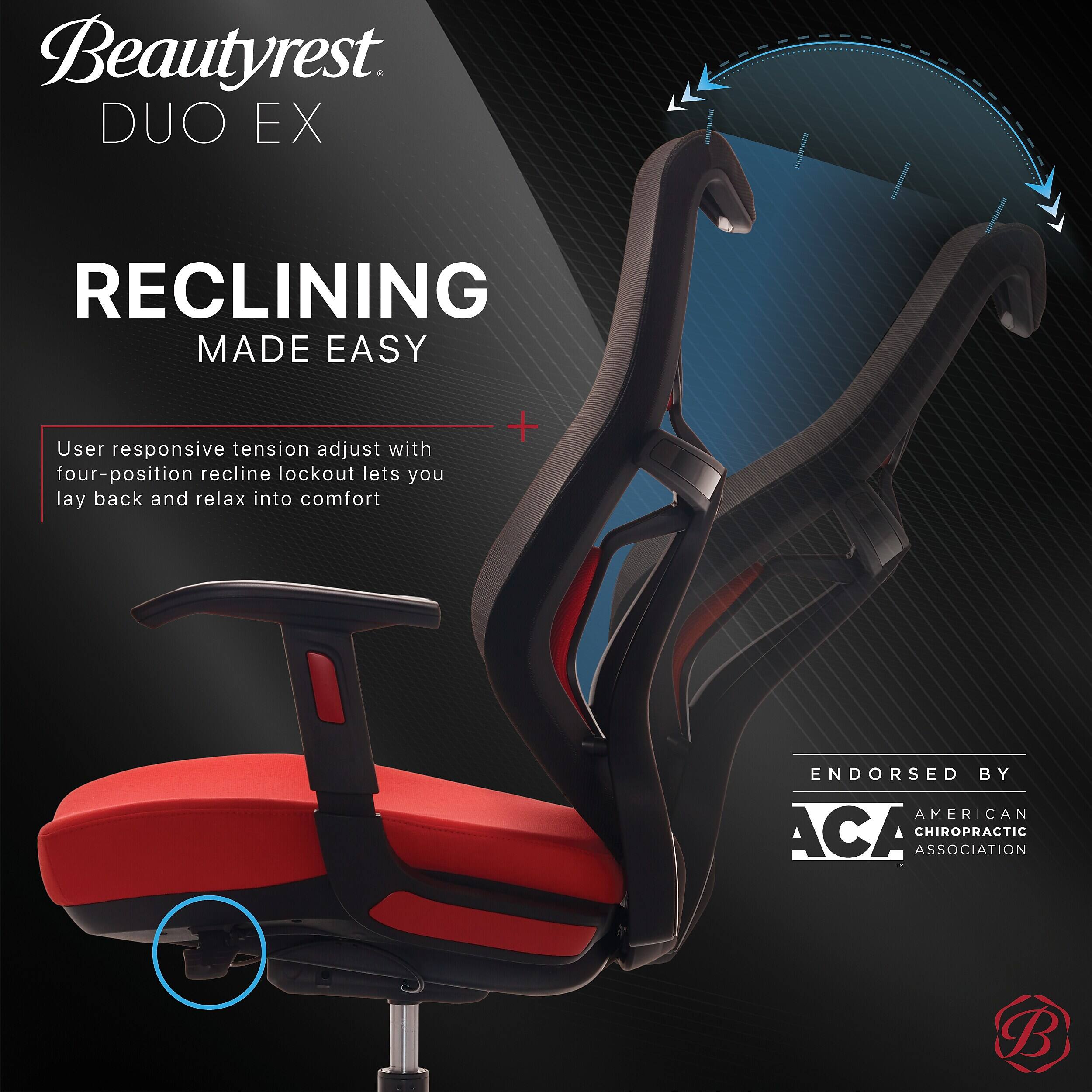 Beautyrest DUO EX  
RECLINING MADE EASY  

User responsive tension adjust with four-position recline lockout lets you lay back and relax into comfort  

ENDORSED BY AMERICAN CHIROPRACTIC ASSOCIATION