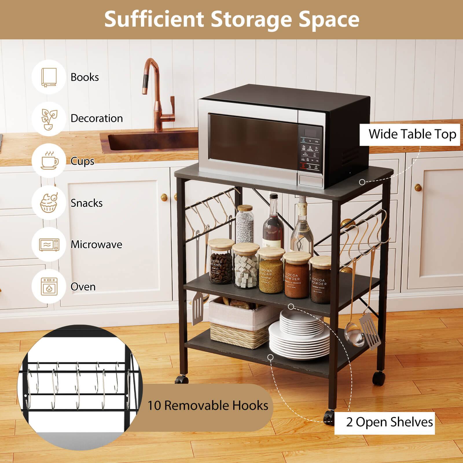 Sufficient Storage Space

- Books
- Decoration
- Cups
- Snacks
- Microwave
- Oven

Wide Table Top

10 Removable Hooks

2 Open Shelves