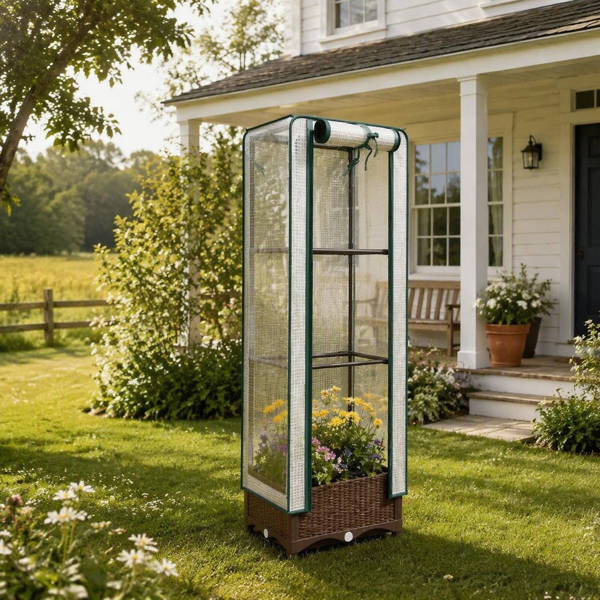 Angle. RYHNUYNE - Raised Garden Bed with Trellis and Cover, Portable Outdoor Planter Box with Drainage Holes and Zipper Door - Brown,White.