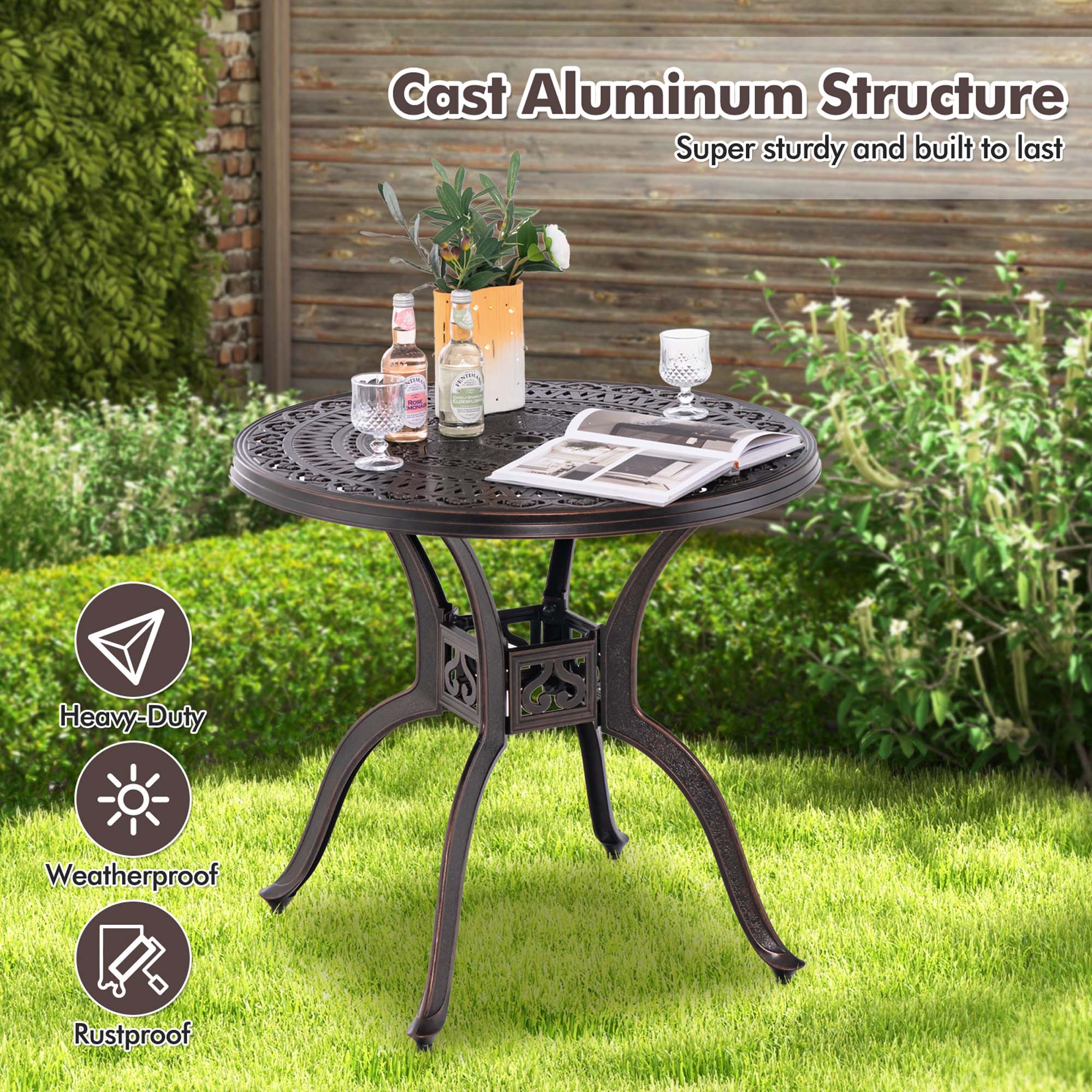 The text on the image reads: "Cast Aluminum Structure Super sturdy and built to last Heavy-Duty Weatherproof Rustproof."