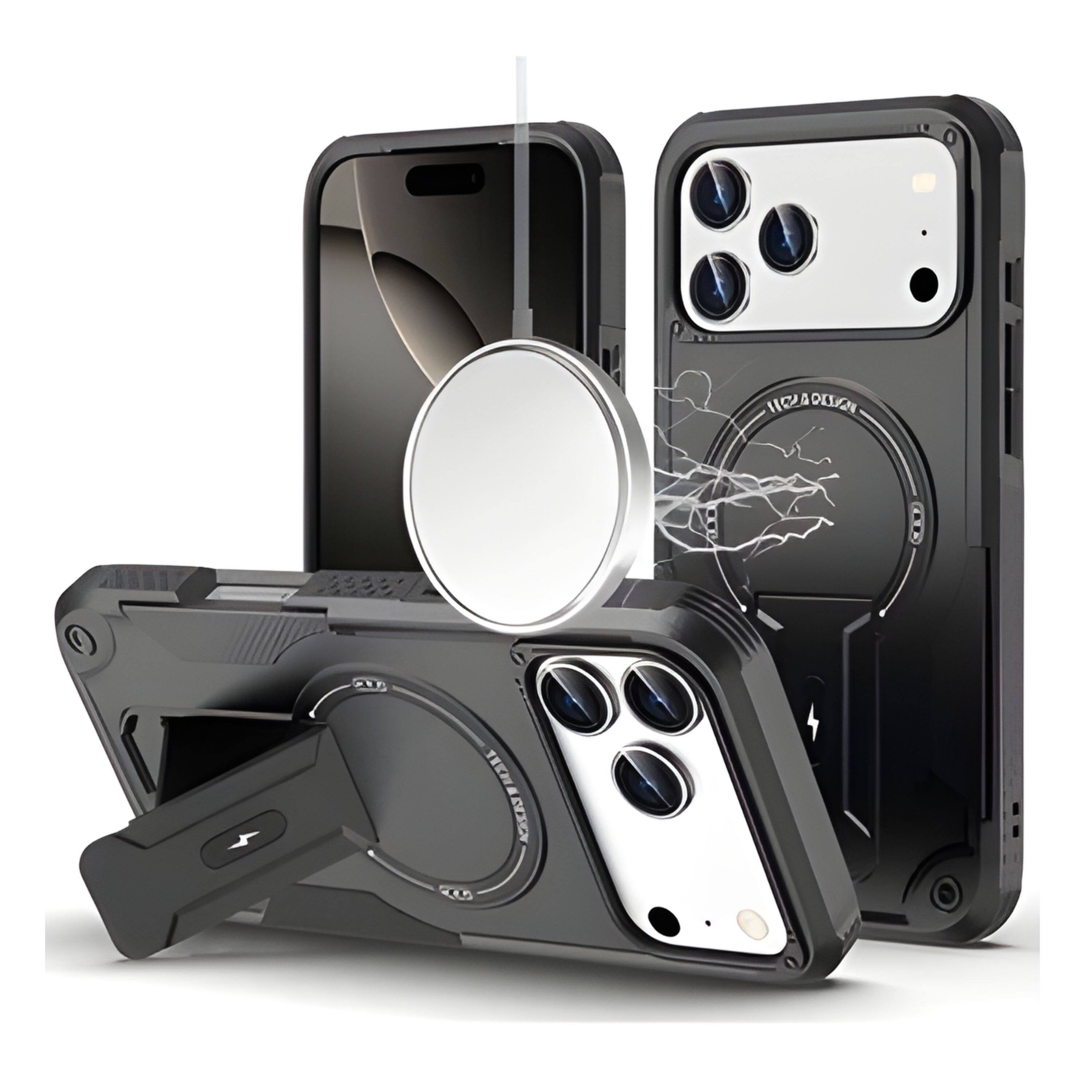 Kitcheniva - Magnetic Circle Rugged Grip Kickstand Phone Case With Tempered Glass For iPhone 17 Pro - Black price history on PriceWatchPro