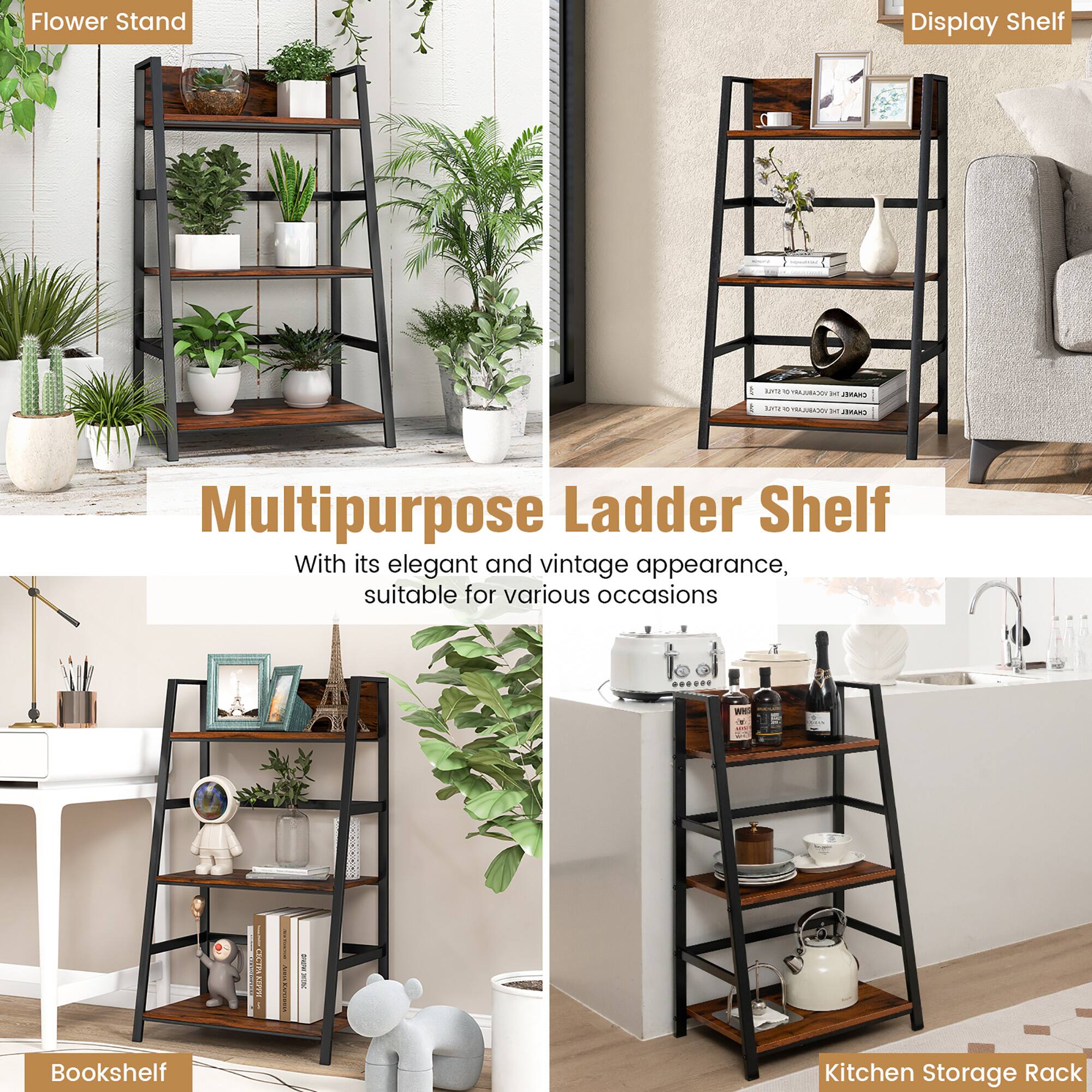 Display Shelf: Flower stand with plants and vases.
Multipurpose Ladder Shelf: A shelf with a ladder, suitable for various occasions.
Bookshelf: A shelf for books and other items.
Kitchen Storage Rack: A storage rack for the kitchen.

These are the four different shelves displayed in the image.