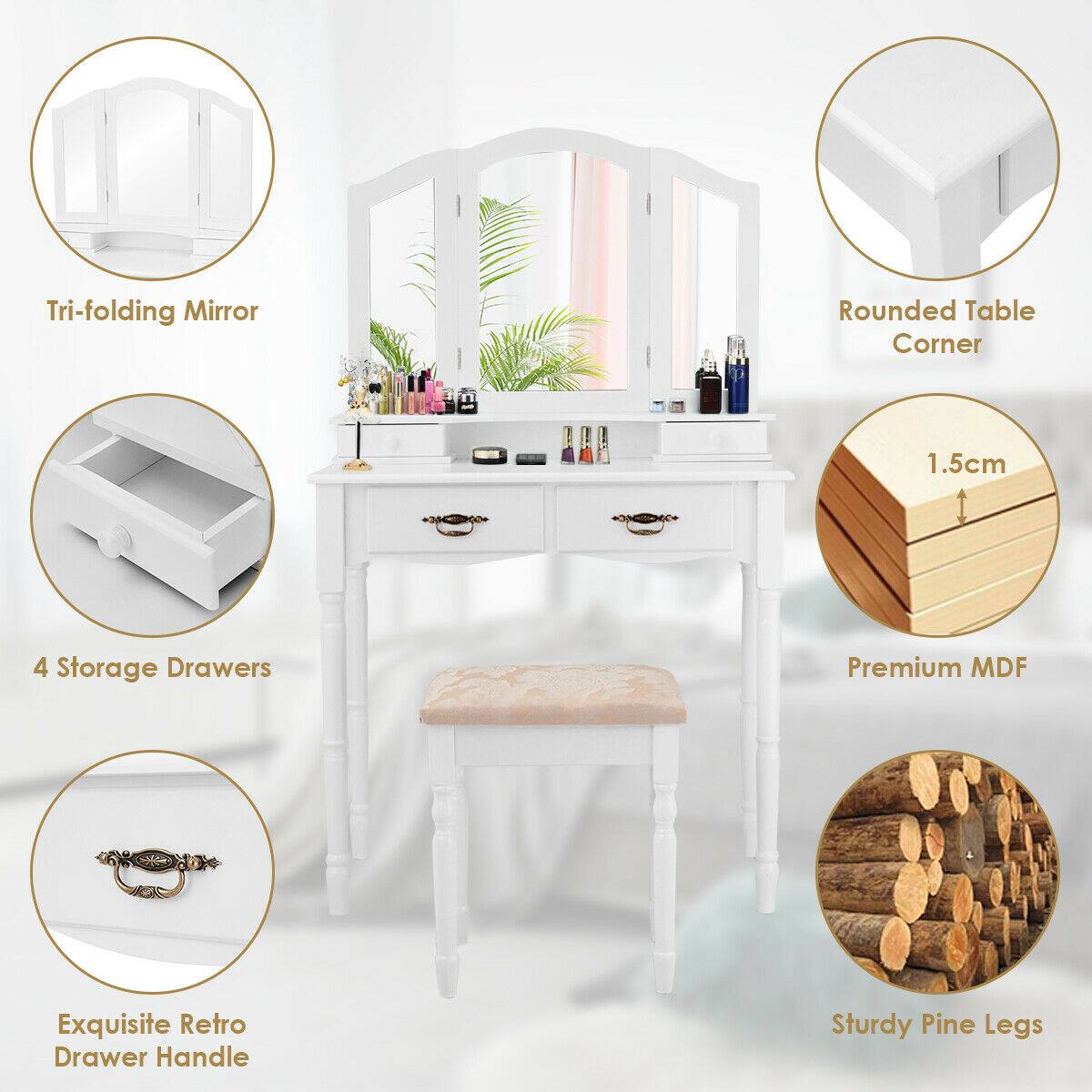 Tri-folding Mirror, Rounded Table Corner, 1.5cm, 4 Storage Drawers, Premium MDF, Exquisite Retro Drawer Handle, Sturdy Pine Legs