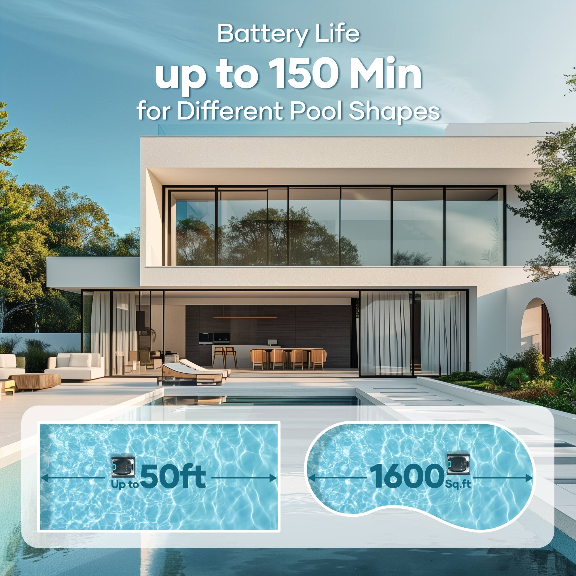 Battery life up to 150 minutes for different pool shapes, including up to 50 feet and 1600 square feet.