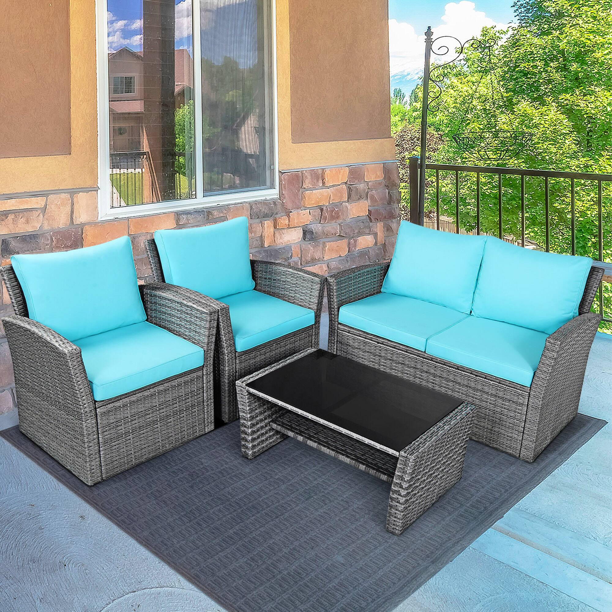 Alt View 3. Gymax - Gymax 4PCS Patio Rattan Conversation Set Outdoor Furniture Set w/ Turquoise Cushions - Turquoise.
