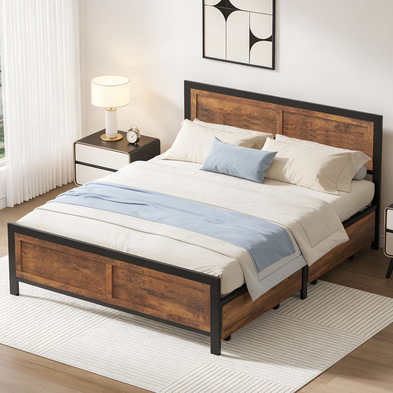 Dyonery - retro style bed frame, with 4 detachable pulley storage baskets, easy installation, and thickened metal frame - Wood