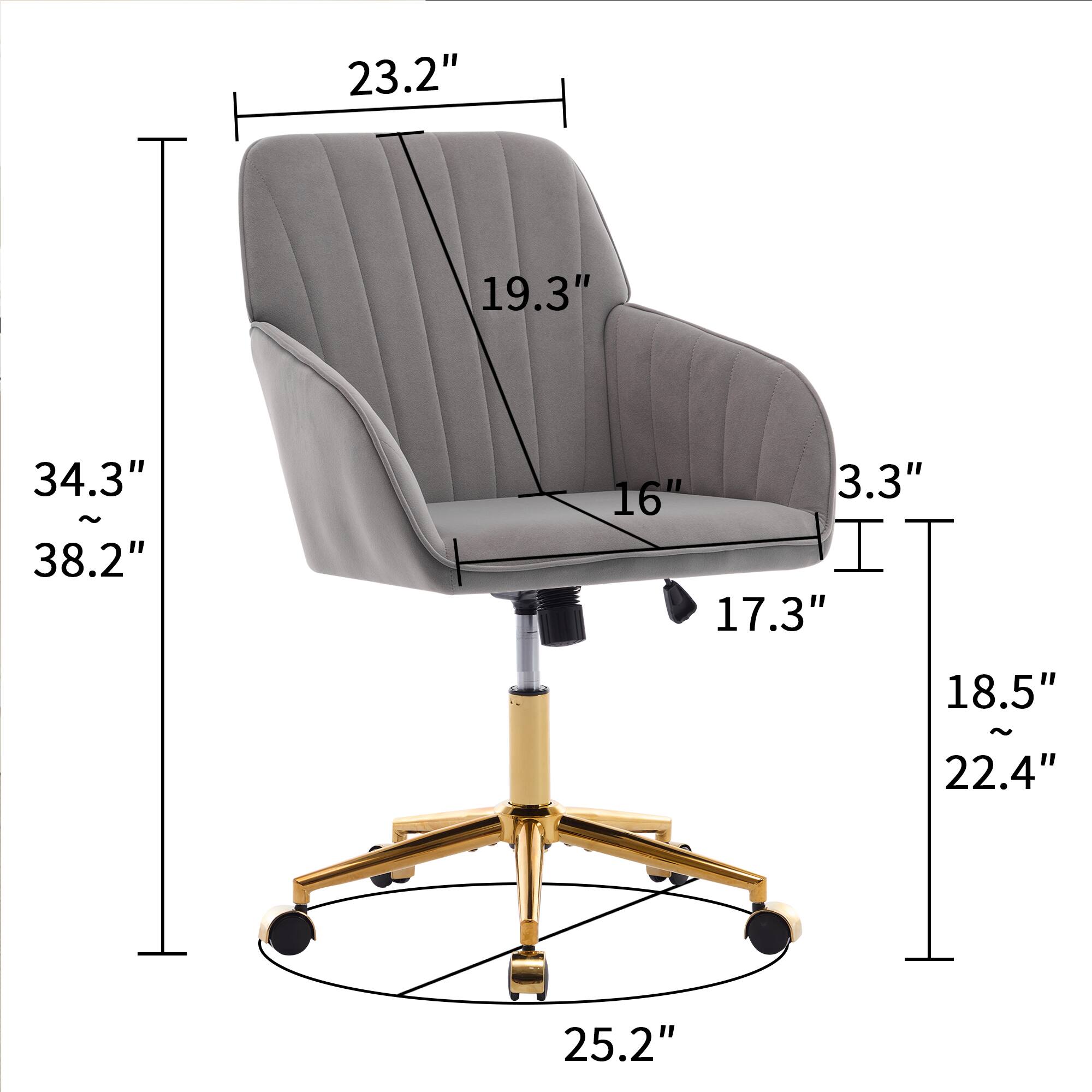 - Height: 34.3" ~ 38.2"
- Width: 23.2"
- Depth: 19.3"
- Seat Height: 17.3"
- Armrest Height: 16"
- Armrest Width: 3.3"
- Base Width: 18.5" ~ 22.4"
- Base Diameter: 25.2"