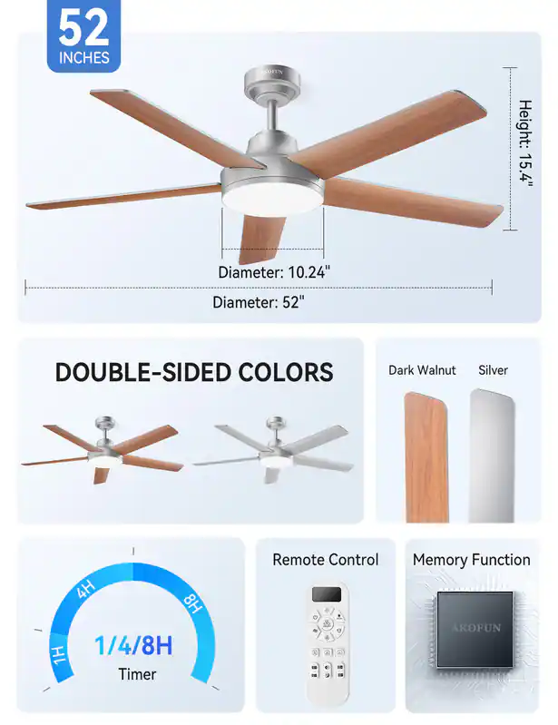 52 INCHES LEORUN  
Height: 15.4"  
Diameter: 10.24"  
Diameter: 52"  
DOUBLE-SIDED COLORS  
Dark Walnut Silver  
4H 8H 1/4/8H 1H Timer  
Remote Control  
Memory Function  
AKOFUN