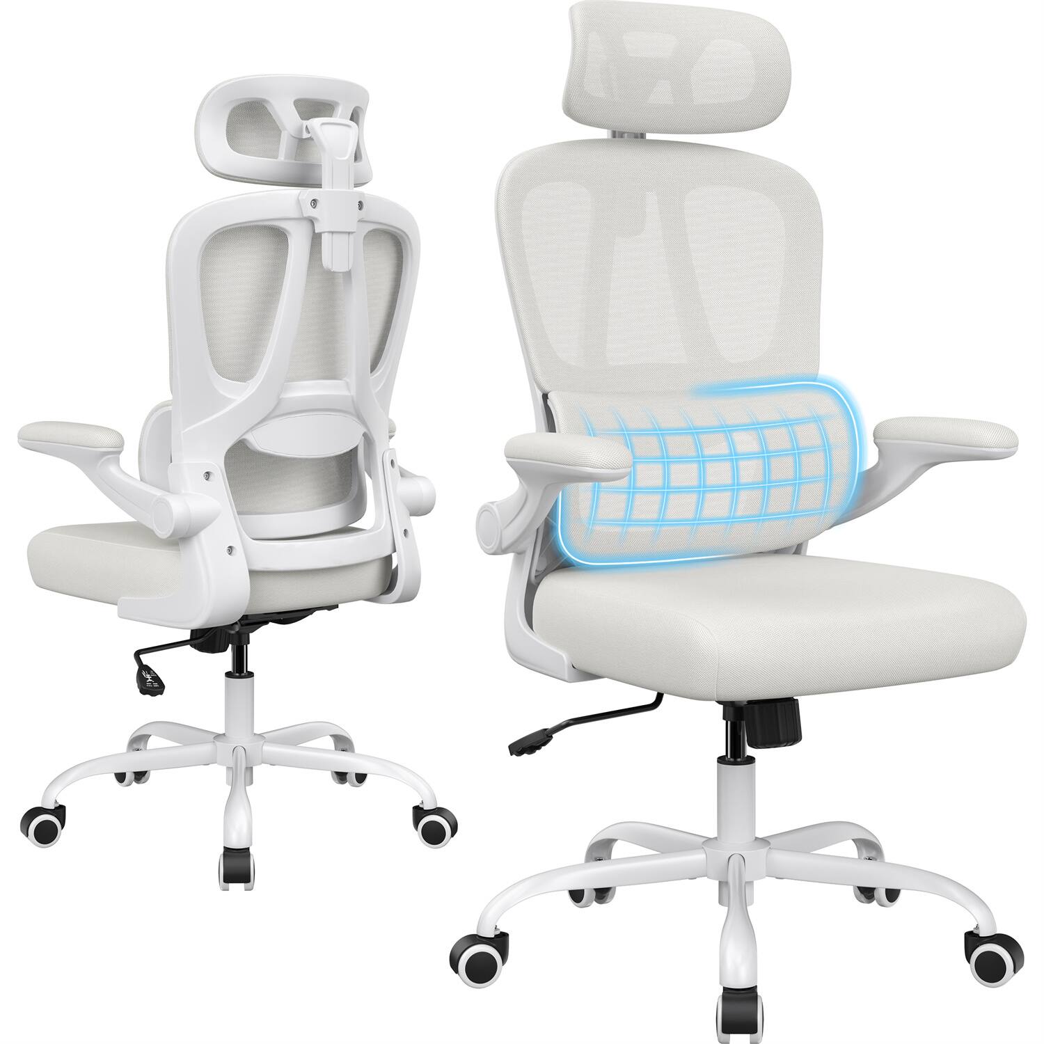 Back. Forest'nSky - Beige Ergonomic Office Chair with Headrest & Lumbar Support, High Back Swivel Desk Chair for Home Office - Beige.
