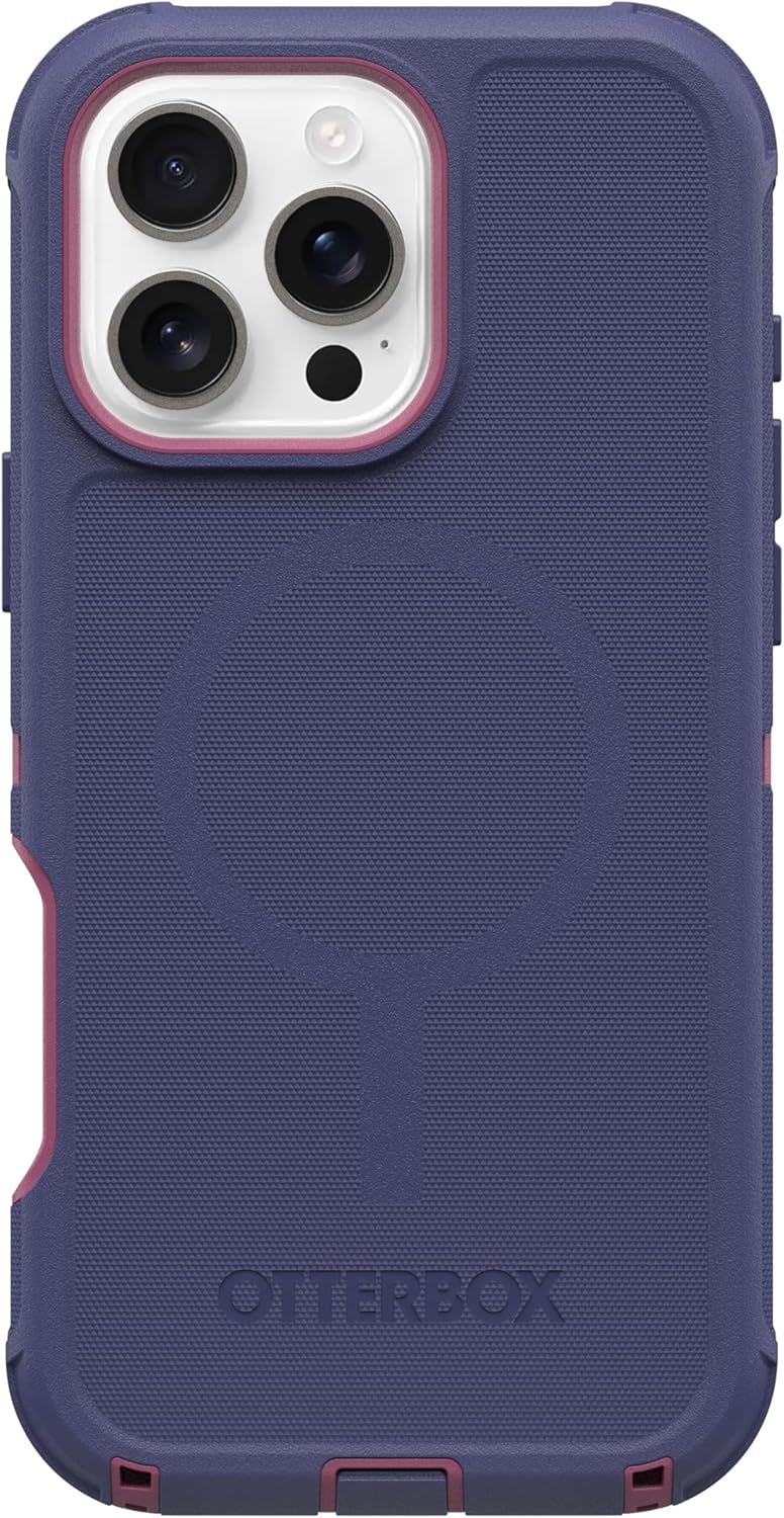 Left. OtterBox - OtterBox - Defender Series Pro Hard Shell for MagSafe for Apple iPhone 16 Pro Max - Regatta Rose (Purple & Pink).